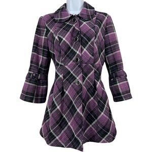Vtg Y2K Heart Soul Purple Plaid Coat M Peter Pan Collar Preppy Academia Peacoat‎